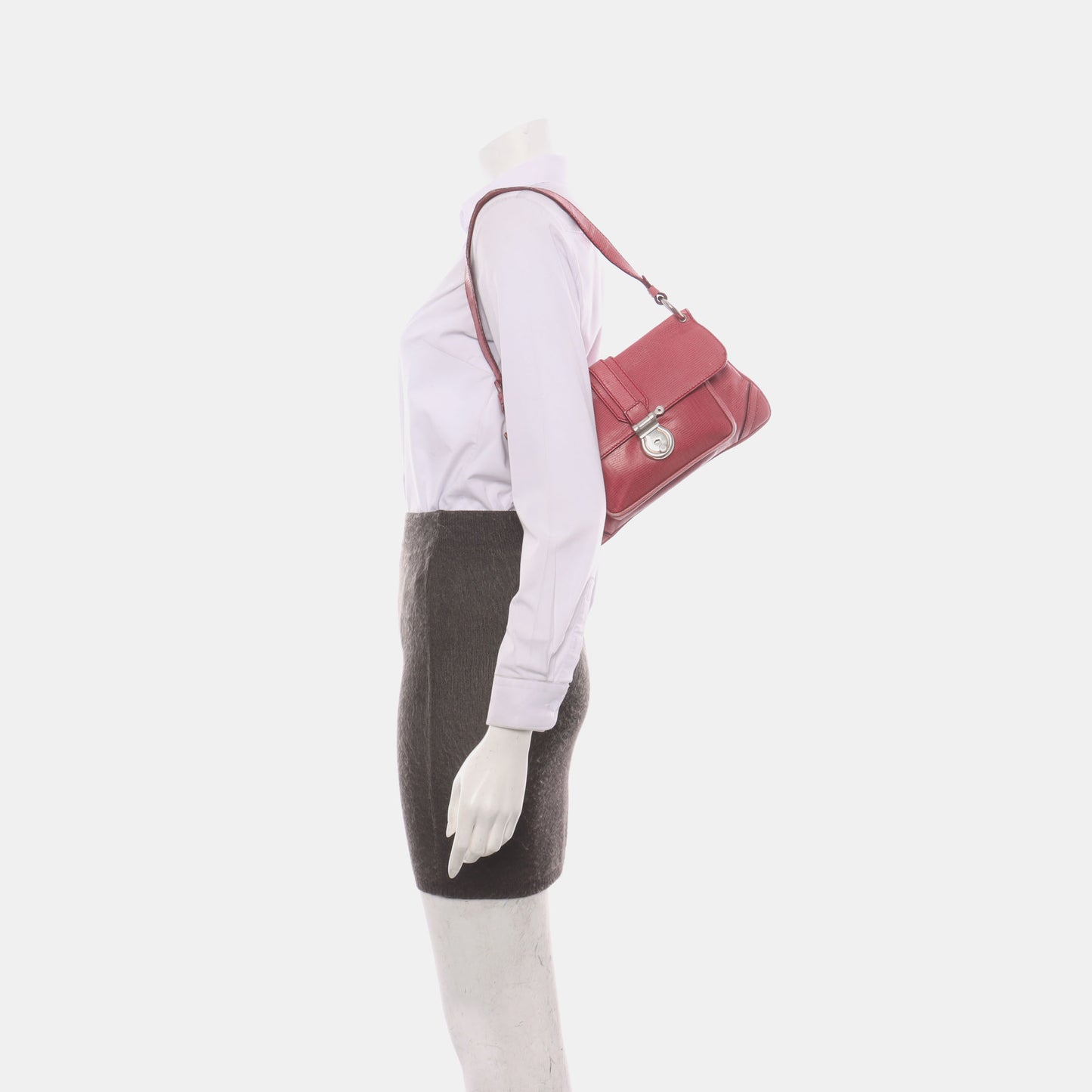 BURBERRY Red Cowhide Embossed Shoulder Bag Tote Silver Hardware-(SKU)-928563763