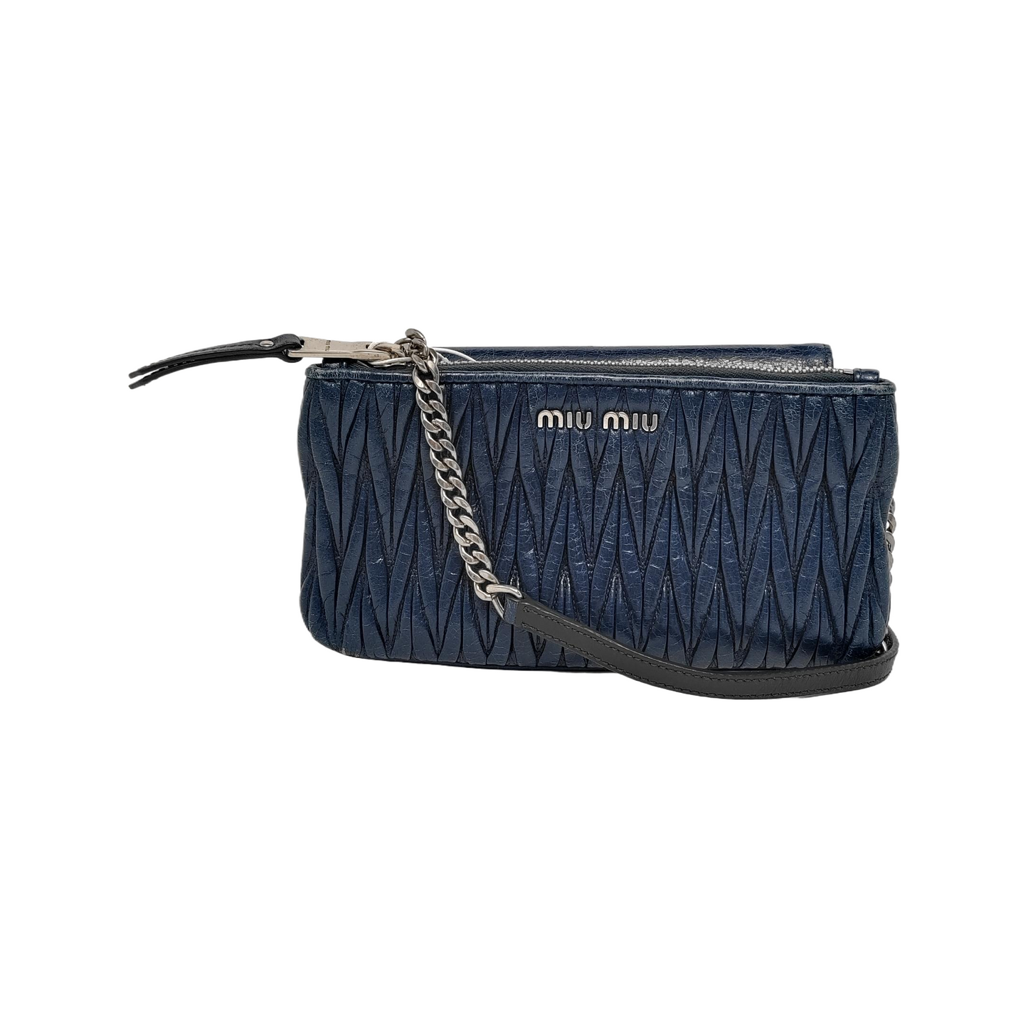 Miu Miu Dark Blue Cowhide Quilted Single Shoulder Bag Crossbody Bag Silver Hardware Removable shoulder strap-(SKU)-945298168