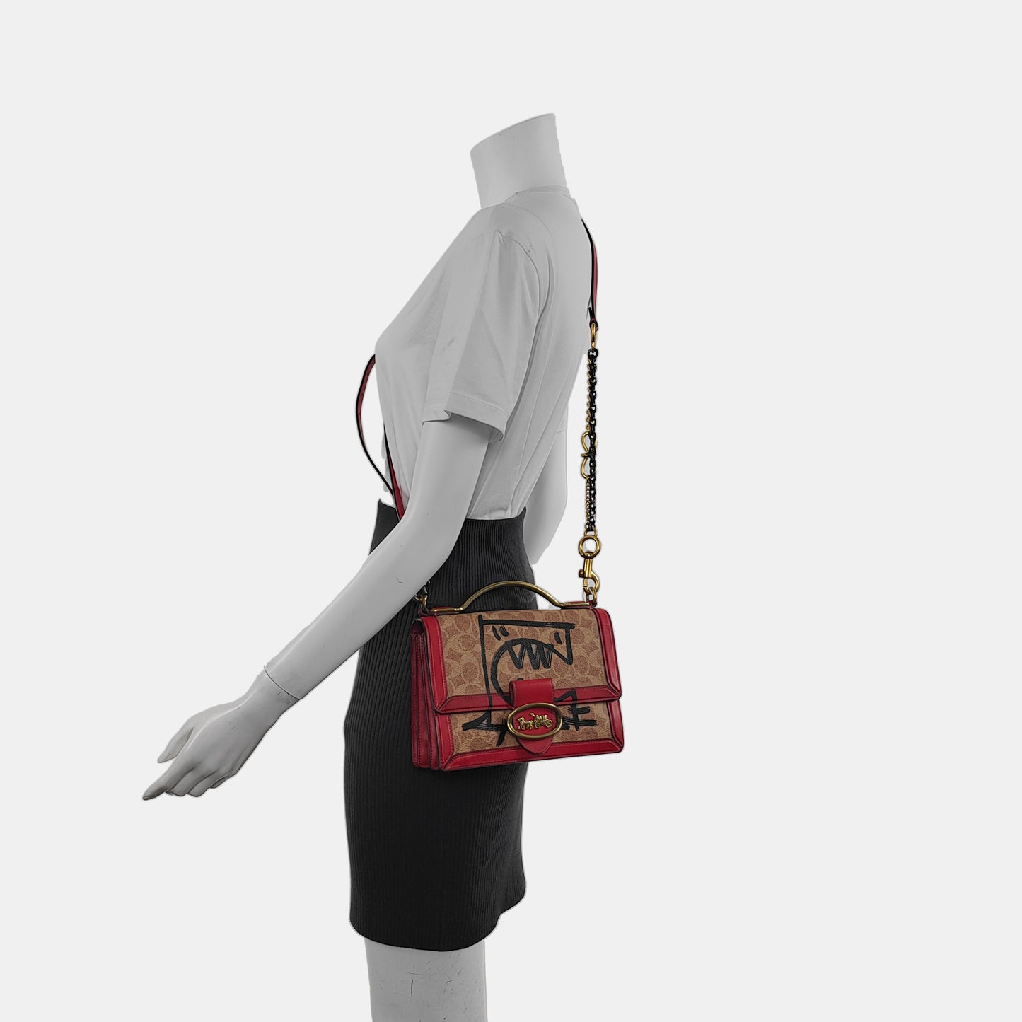 COACH Brown Coated Canvas Monogram Printed Crossbody Shoulder Tote Bag Single Shoulder Tote Bag Golden hardware Removable shoulder strap-(SKU)-940146721