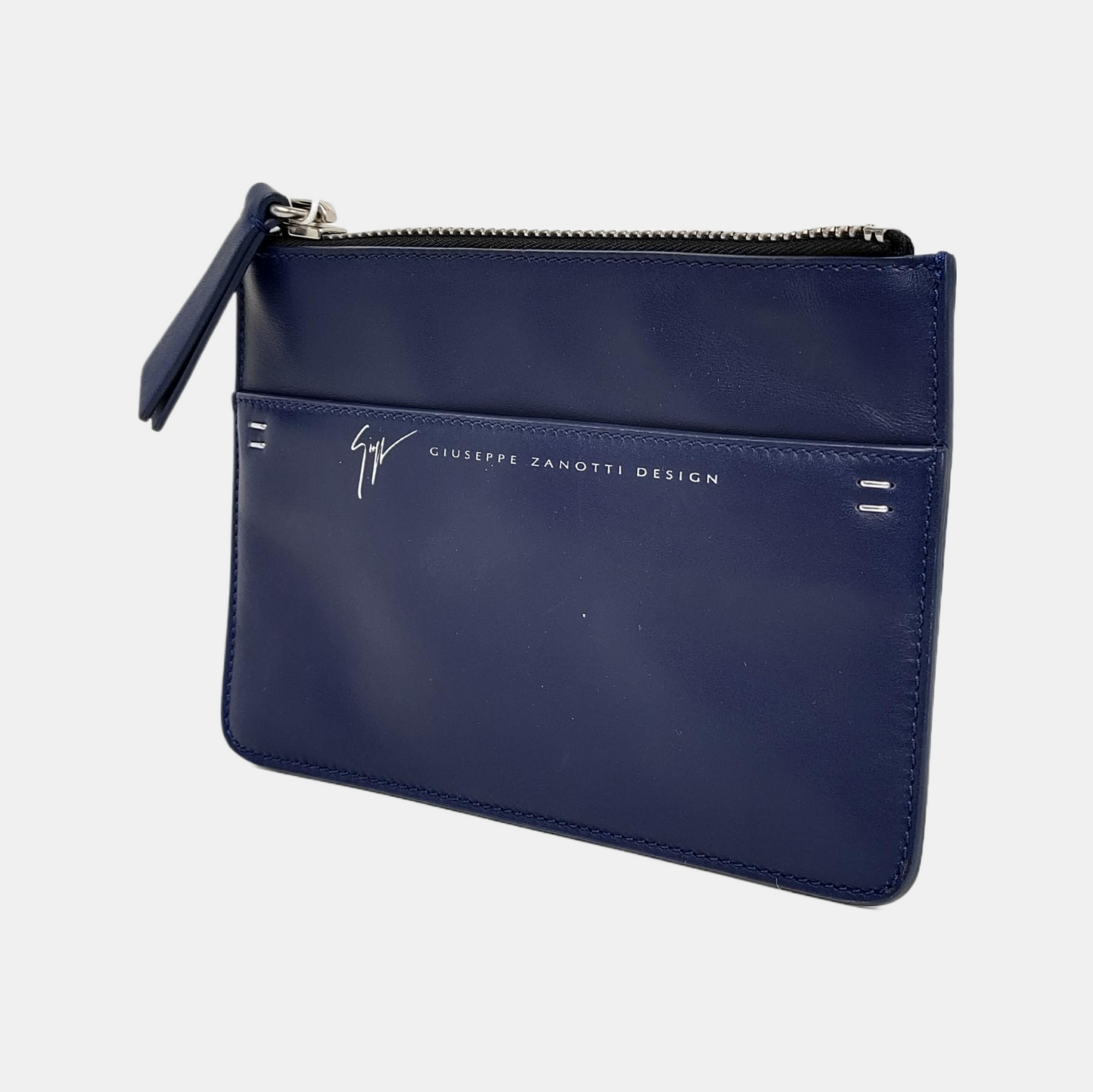 GIUSEPPE ZANOTTI Dark Blue Leather Clutch Silver Hardware-(SKU)-940352011