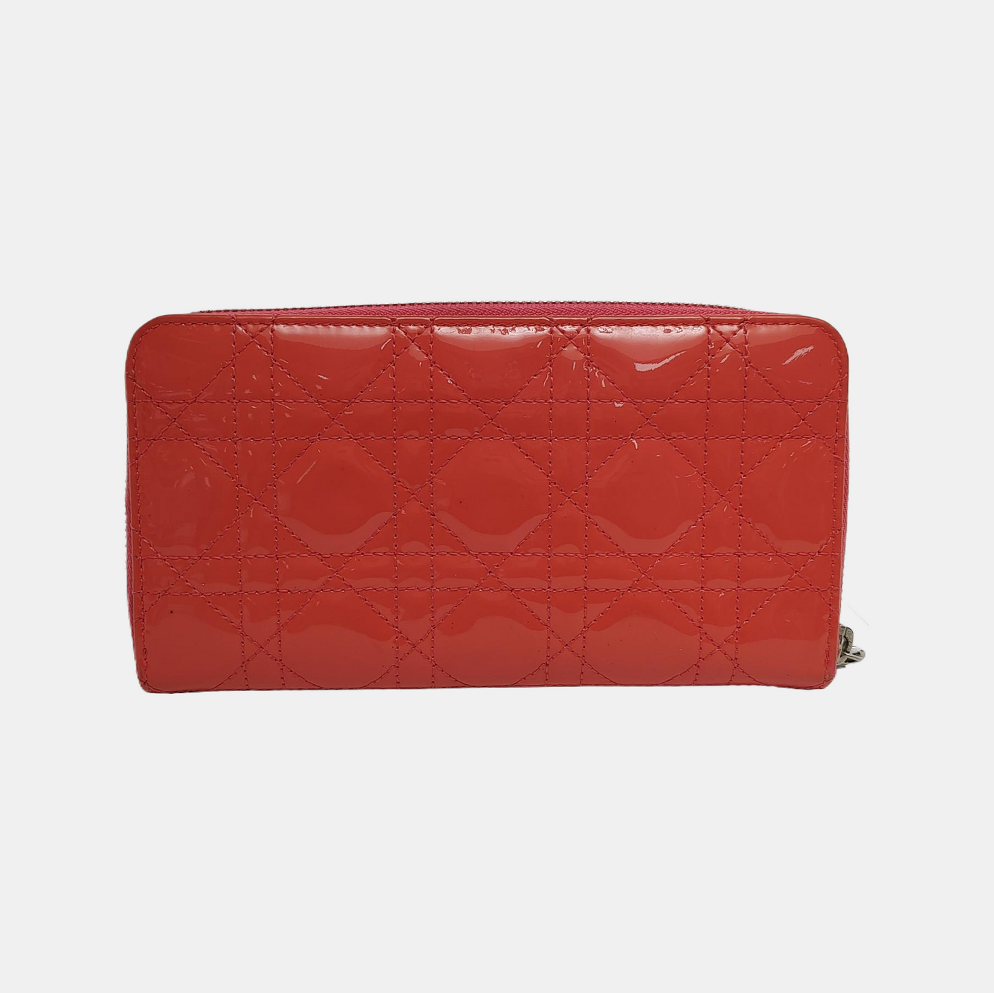 DIOR Lady Dior Red patent leather wicker pattern quilted wallet Golden hardware-(SKU)-945065064