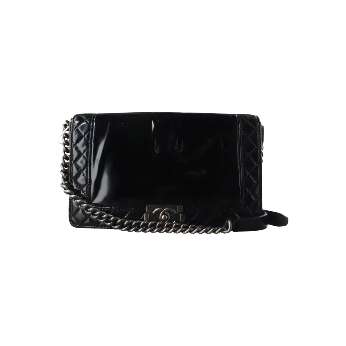 CHANEL BOY CHANEL Large Black Patent Leather Quilted Diagonal Shoulder Bag with Detachable Strap-(SKU)-14067527