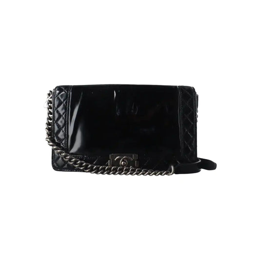CHANEL BOY CHANEL Large Black Patent Leather Quilted Diagonal Shoulder Bag with Detachable Strap-(SKU)-14067527