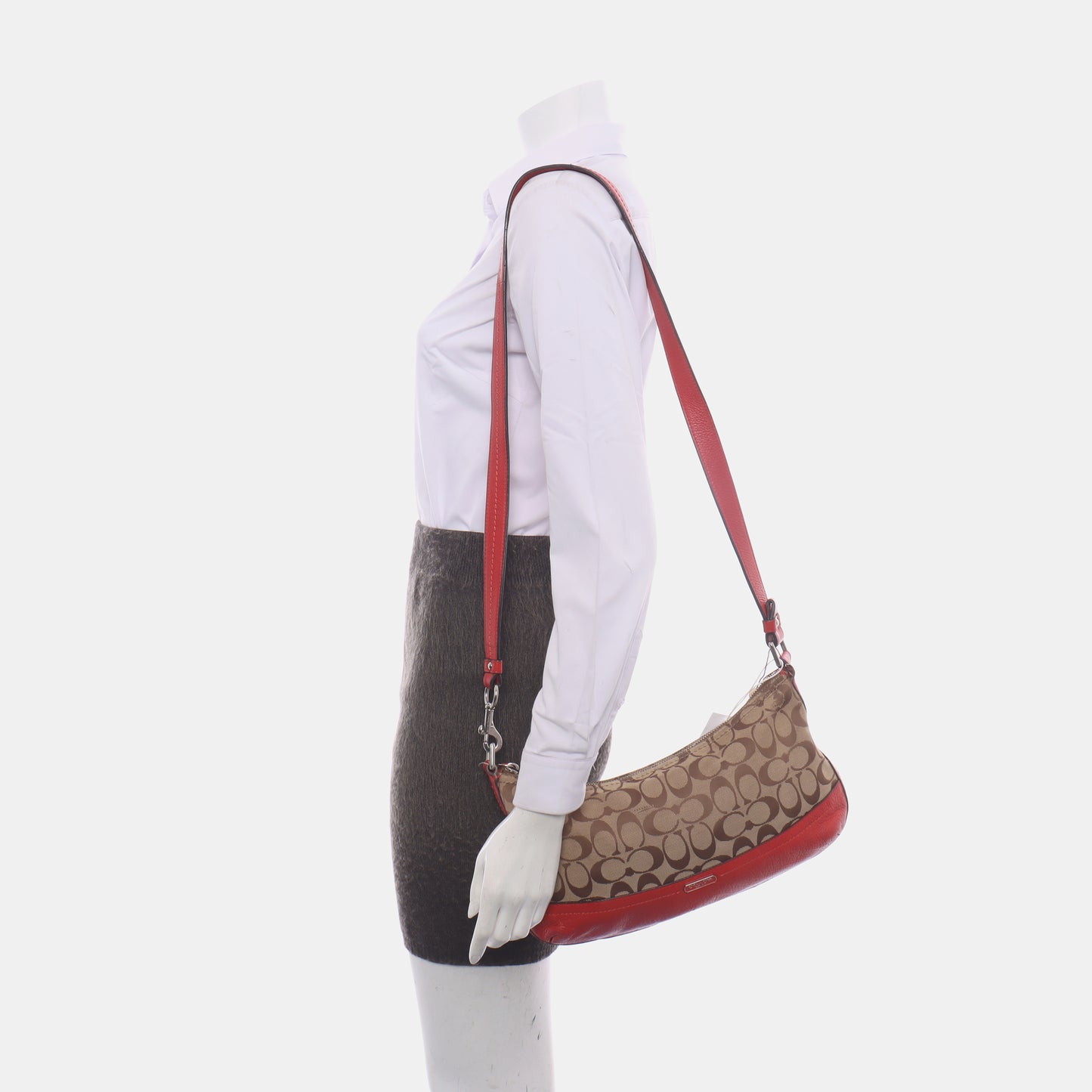 COACH Khaki Canvas VV Floral Single Shoulder Bag Handbag Crossbody Bag Silver Hardware-(SKU)-13751444