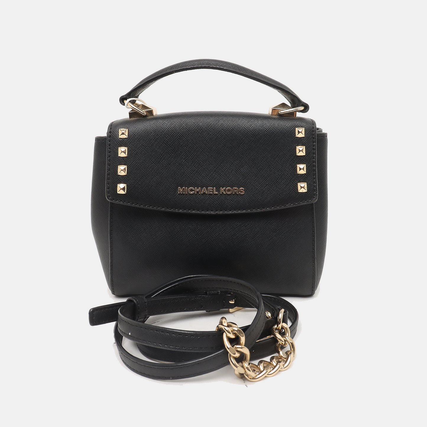MICHAEL KORS Black Leather Embossed Studs Single Shoulder Bag Crossbody Bag Handbag Golden hardware Removable shoulder strap-(SKU)-933988480
