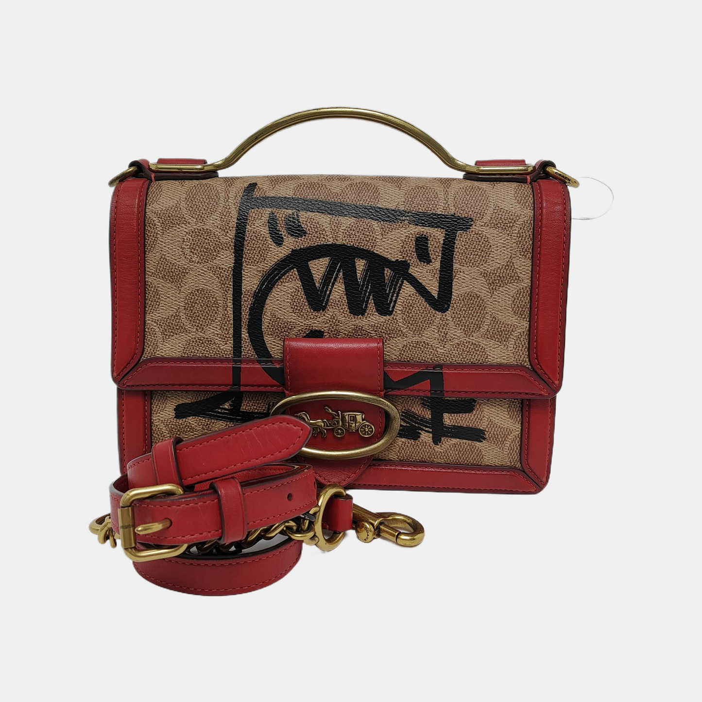 COACH Brown Coated Canvas Monogram Printed Crossbody Shoulder Tote Bag Single Shoulder Tote Bag Golden hardware Removable shoulder strap-(SKU)-940146721