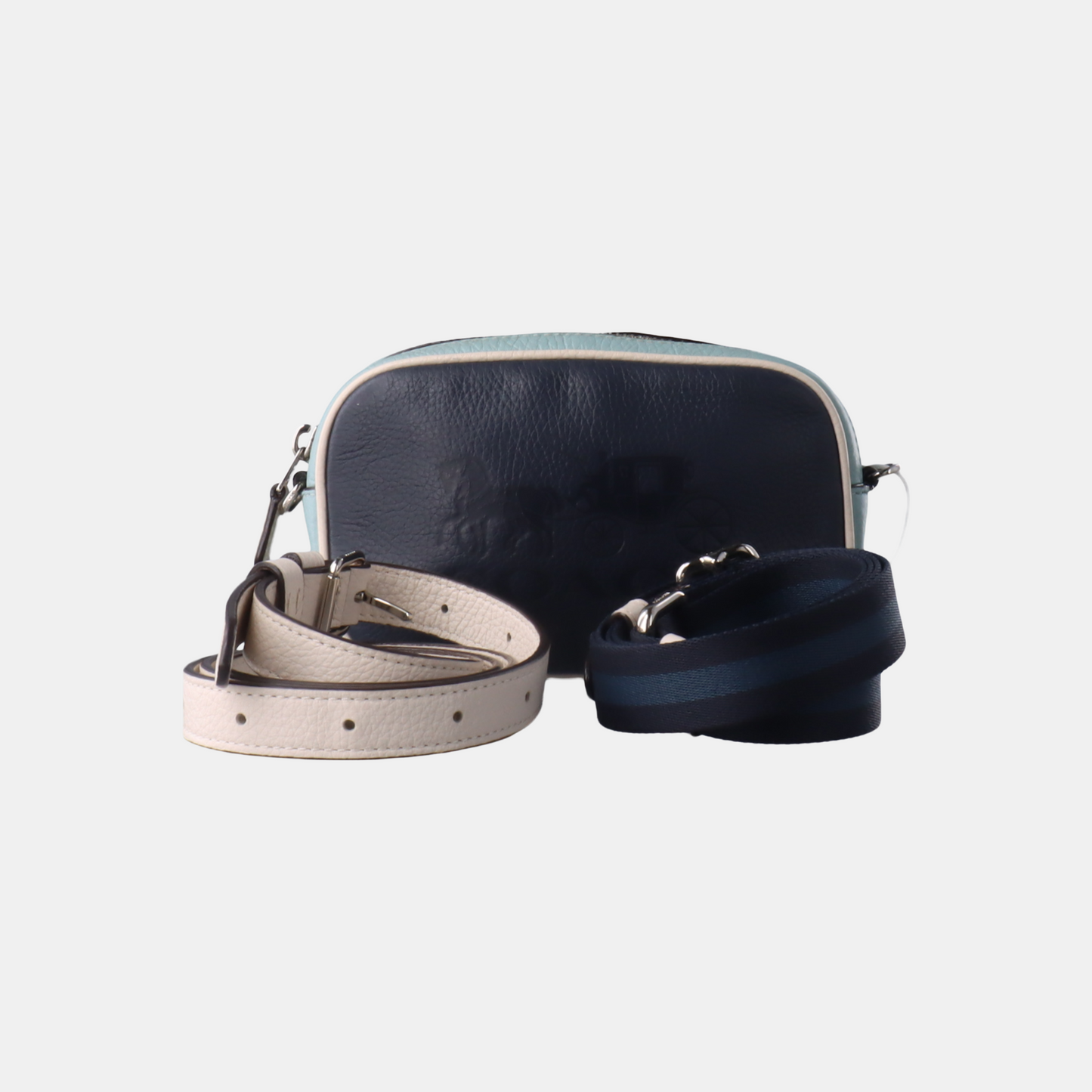 COACH Camera Bag Dark Blue Leather Textured Carriage Crossbody Bag Single Shoulder Bag Silver Hardware Removable shoulder strap-(SKU)-14387505