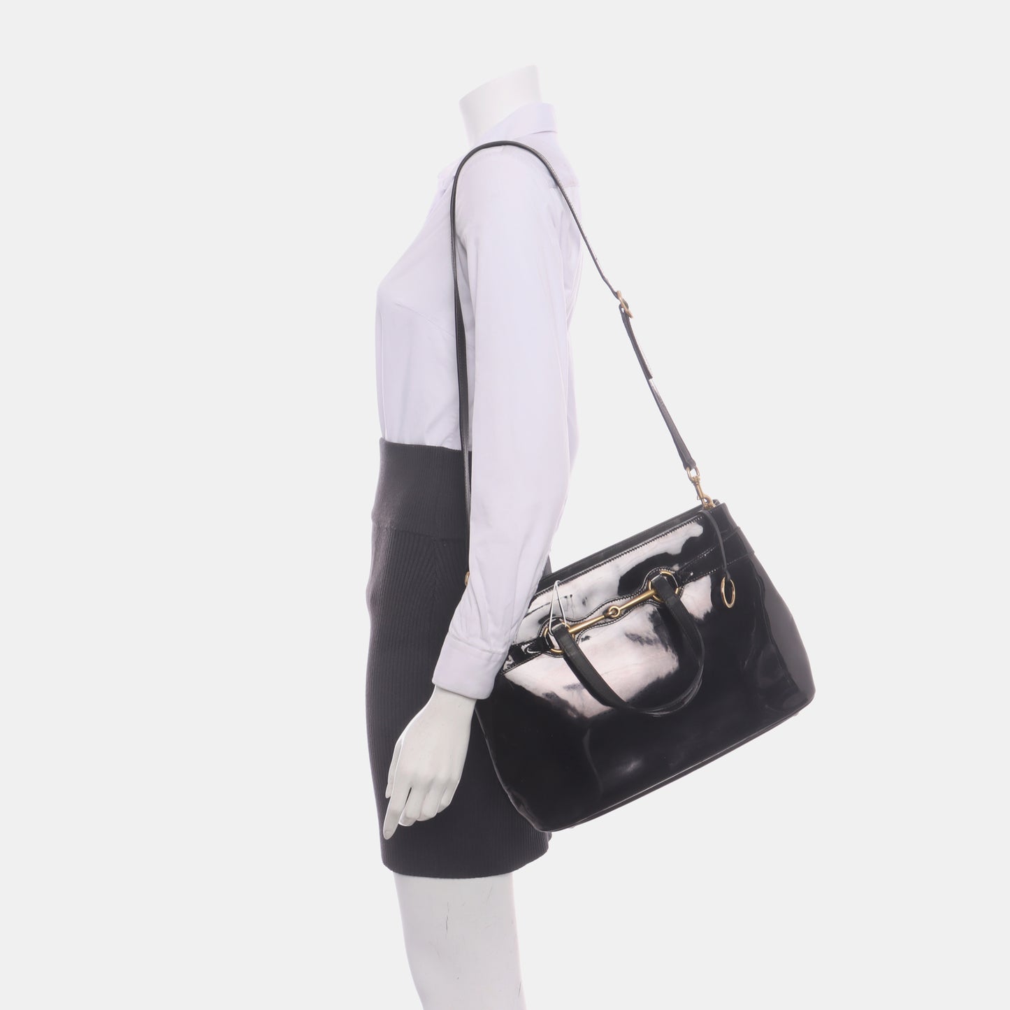 GUCCI Horsebit 1955 Black Patent Leather Saddle Bag Crossbody Bag Tote Bag Golden hardware Removable shoulder strap-(SKU)-933334082