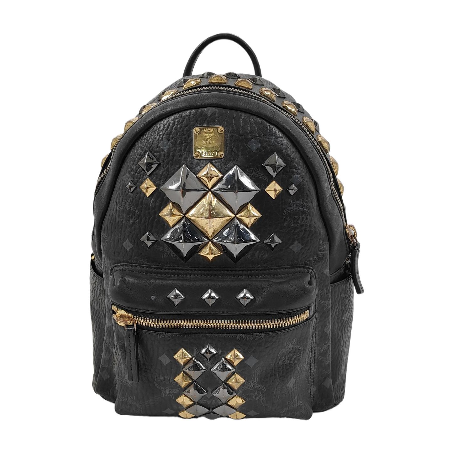 MCM STARK Small size Black Coated Canvas Monogram Studs Backpack Golden hardware-(SKU)-942517154