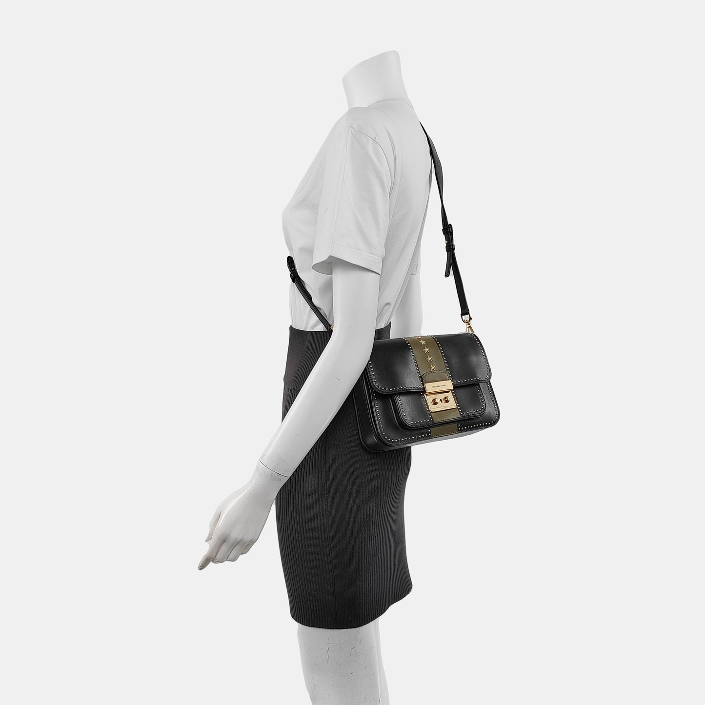 MICHAEL KORS Sloan Editor Medium size Black Leather Studs Single Shoulder Bag Golden hardware Removable shoulder strap-(SKU)-940342508