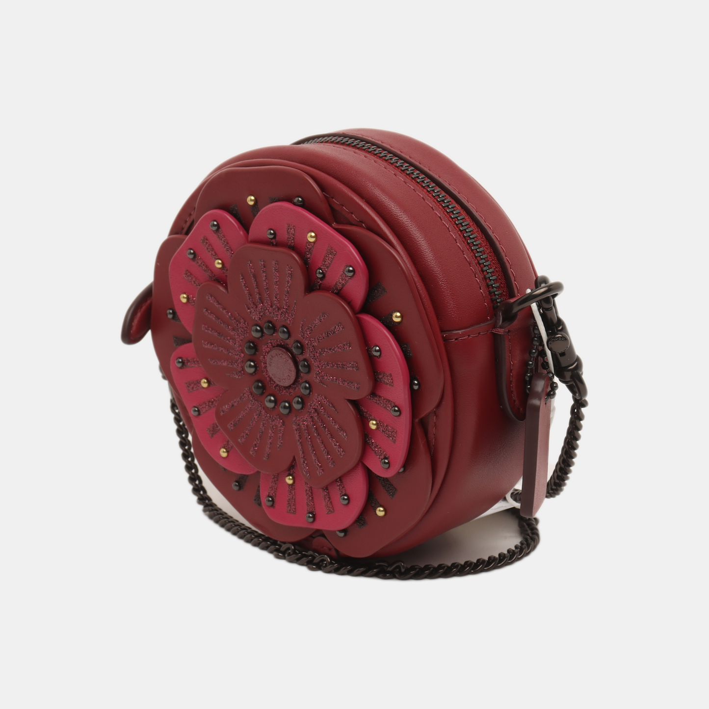 COACH Round Bun Bag Red Leather Studs Patchwork Single Shoulder Bag Crossbody Bag Black hardware Removable shoulder strap-(SKU)-14340529