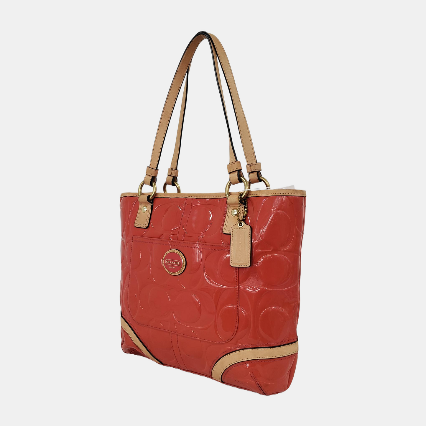 COACH Tote bag Orange Leather Old Flower Embossed Single Shoulder Bag Golden hardware-(SKU)-943933653