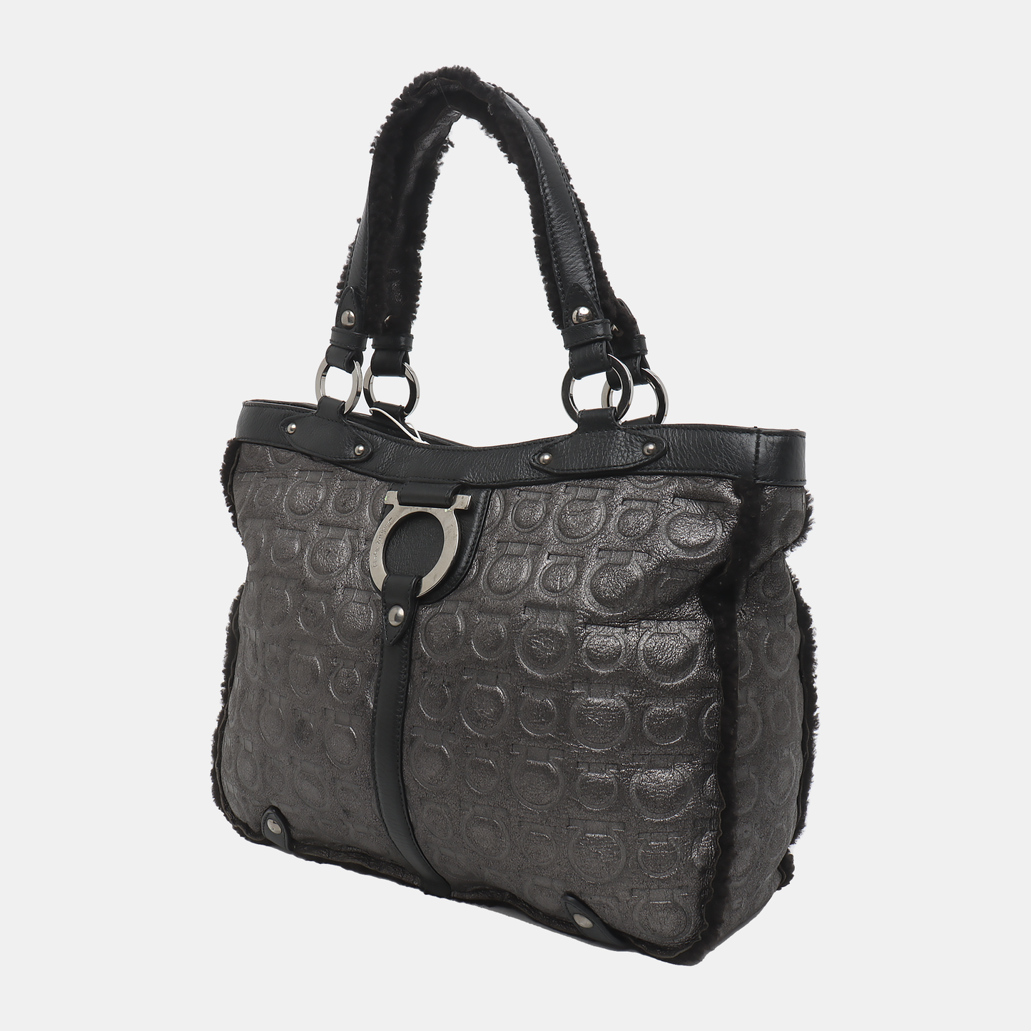 FERRAGAMO Marissa Dark Gray Fabric Textured Handbag Silver Hardware-(SKU)-928999227