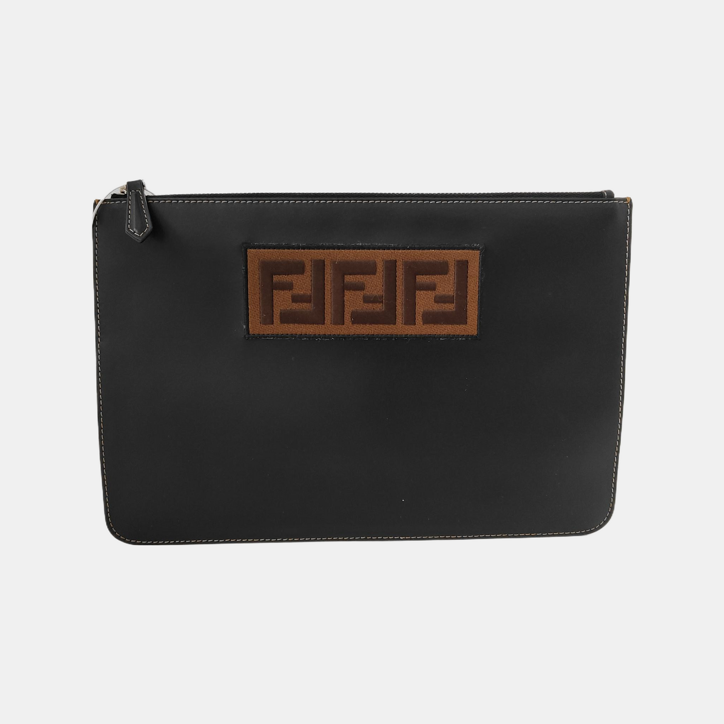 FENDI Black牛皮双F刺绣手拿包 Silver Hardware-(SKU)-941590561