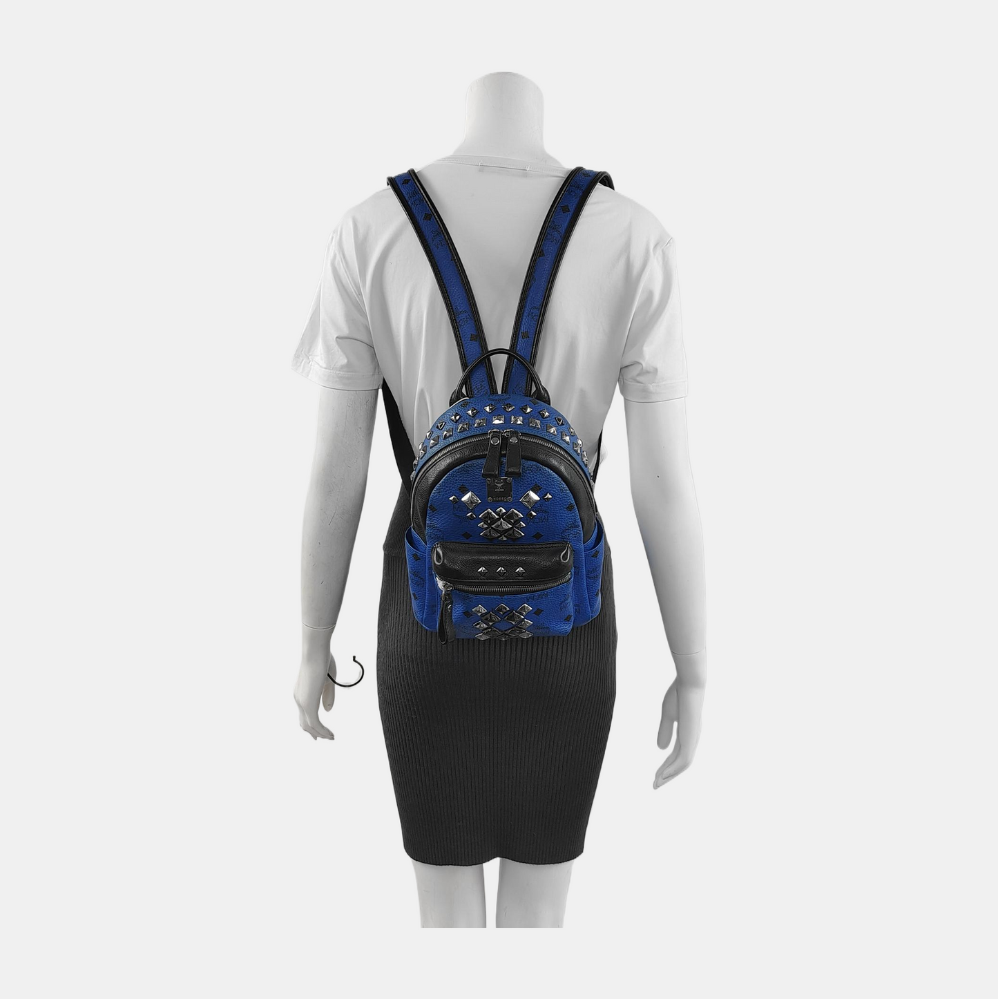 MCM STARK mini Blue Coated Canvas Monogrammed Stud Double Backpack Silver Black Hardware-(SKU)-943802065