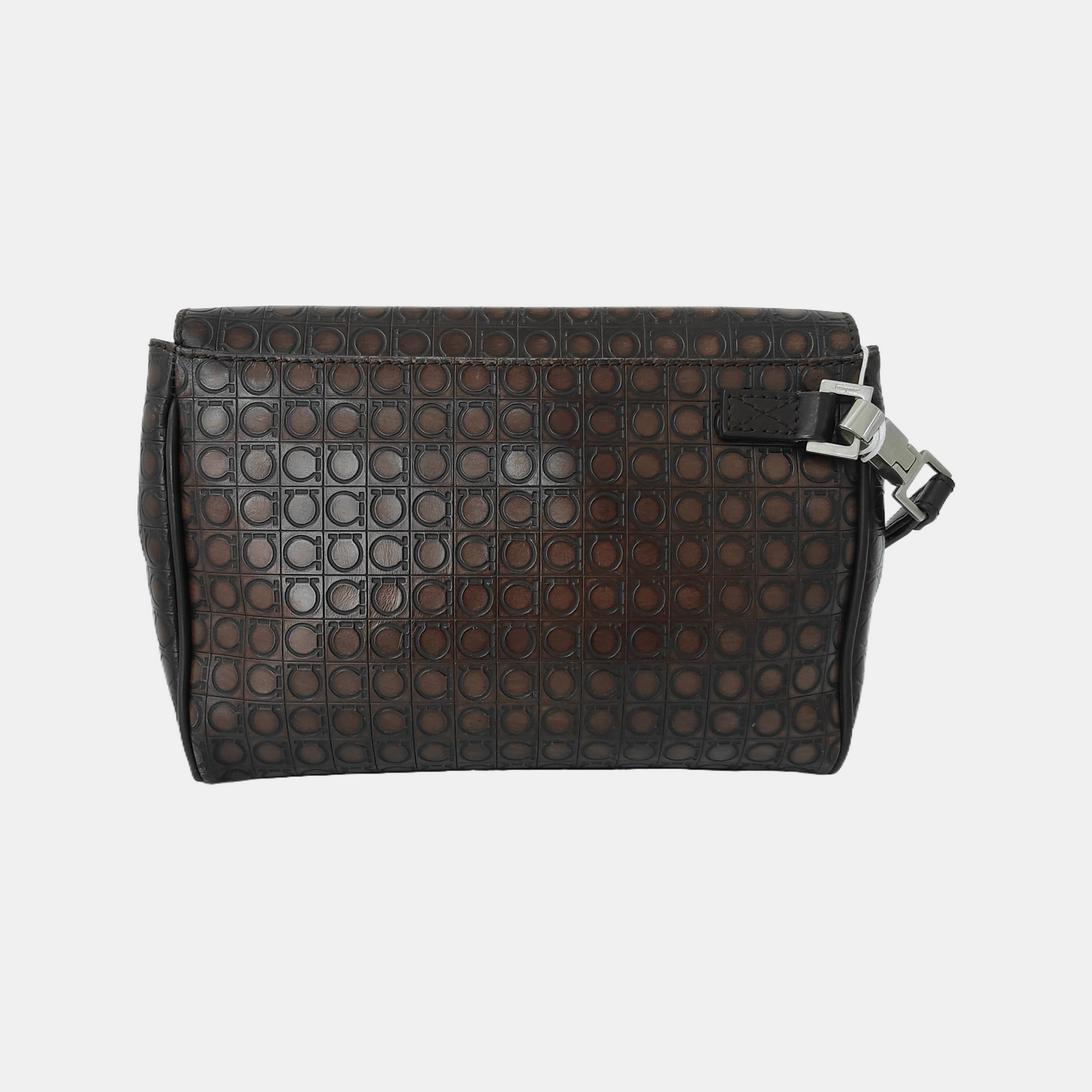 FERRAGAMO Chocolate Brown Leather Embossed Clutch Silver Hardware-(SKU)-942092439