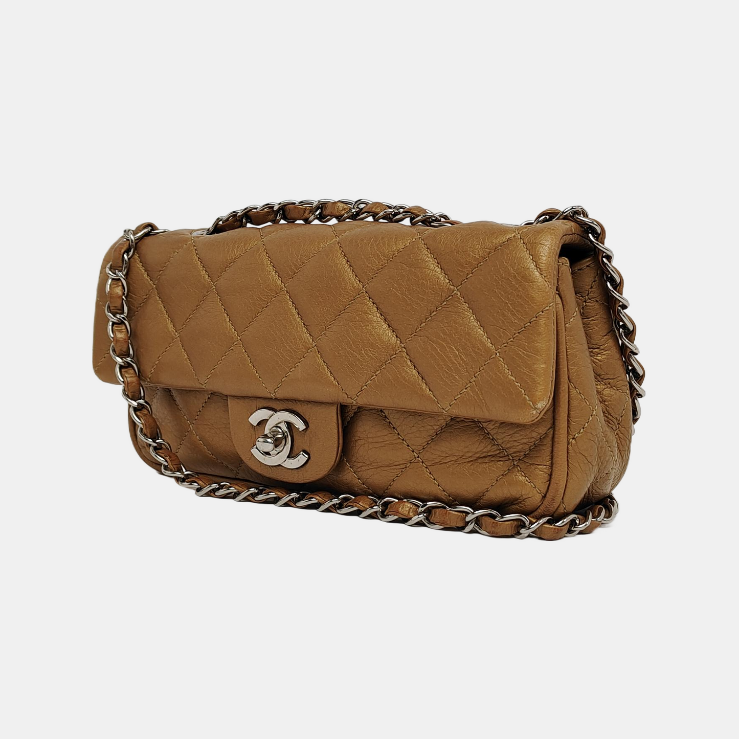 CHANEL CLASSIC FLAP Brown Deer Calfskin Quilted Handbag Silver Hardware 10 Clasp-(SKU)-940915348