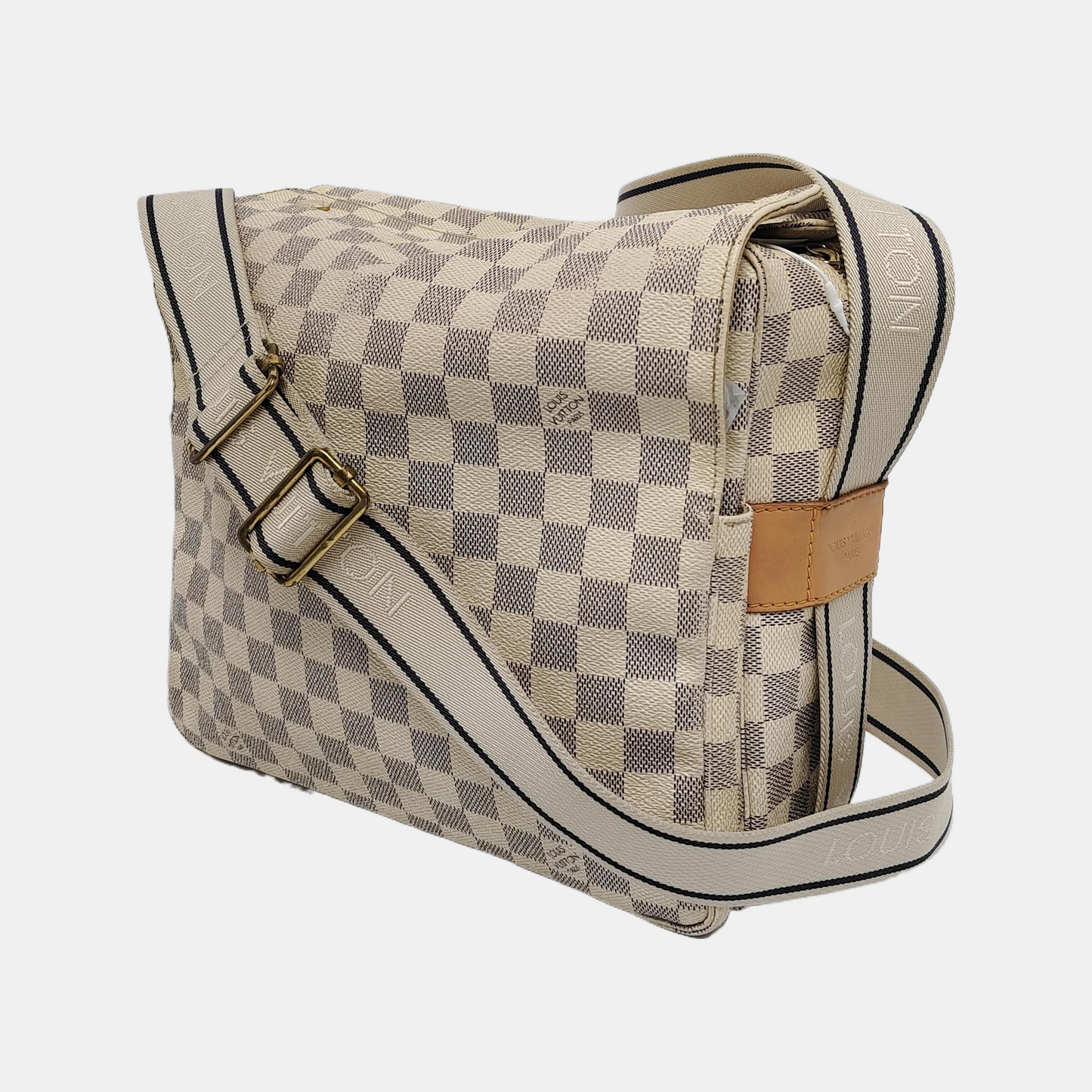 LOUIS VUITTON NAVIGLIO White Coated Canvas Chessboard Plaid Single Shoulder Bag Tote Crossbody Golden hardware-(SKU)-946272112