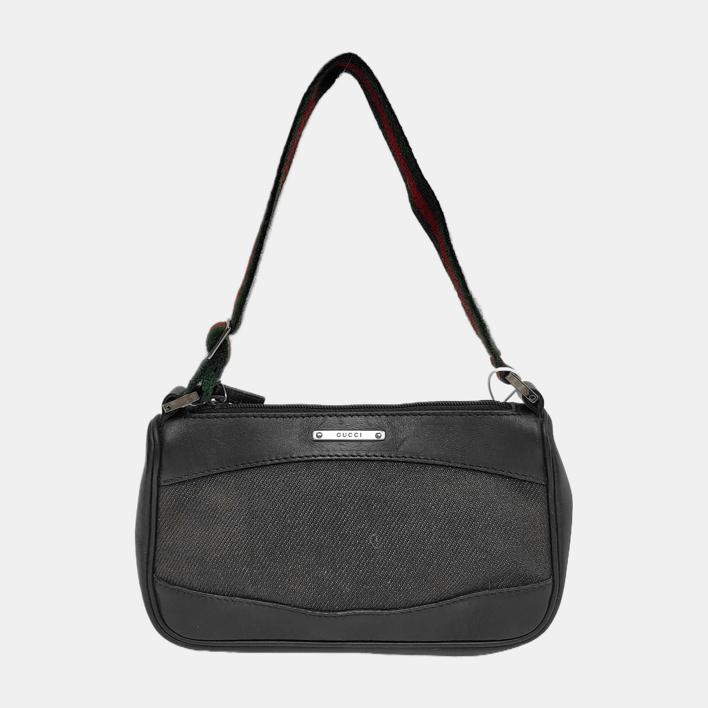 GUCCI Gray Canvas Striped Strap Handbag Single Shoulder Bag Silver Hardware-(SKU)-942429412