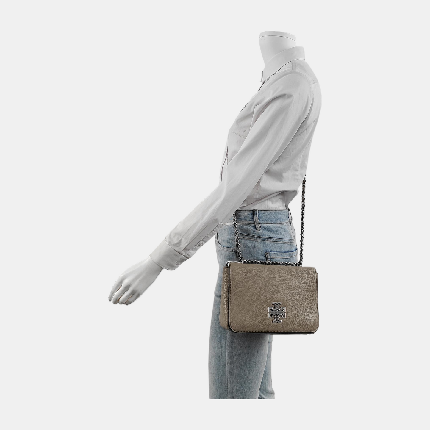 TORY BURCH Britten Gray cowhide embossed crossbody bag, shoulder bag Silver Hardware-(SKU)-943475840