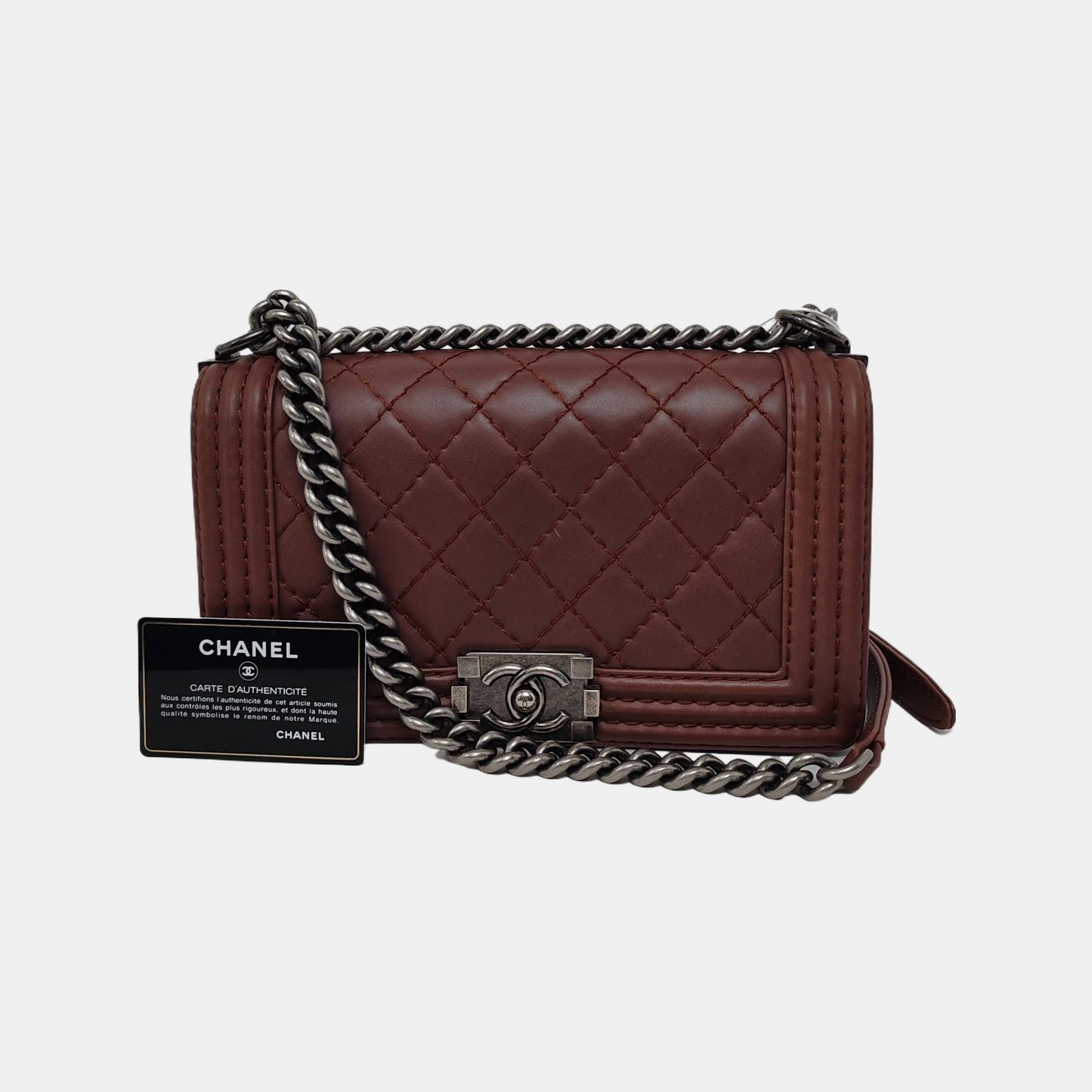CHANEL BOY CHANEL Medium Burgundy Calfskin Quilted Shoulder Bag Tote Crossbody Bag Ruthenium Hardware 18K Clasp-(SKU)-946021622