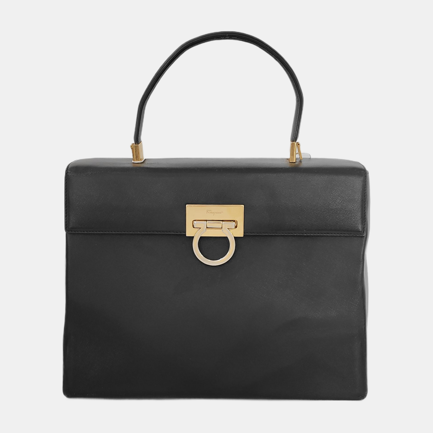 FERRAGAMO Kelly Black leather handbag Golden hardware-(SKU)-943448545