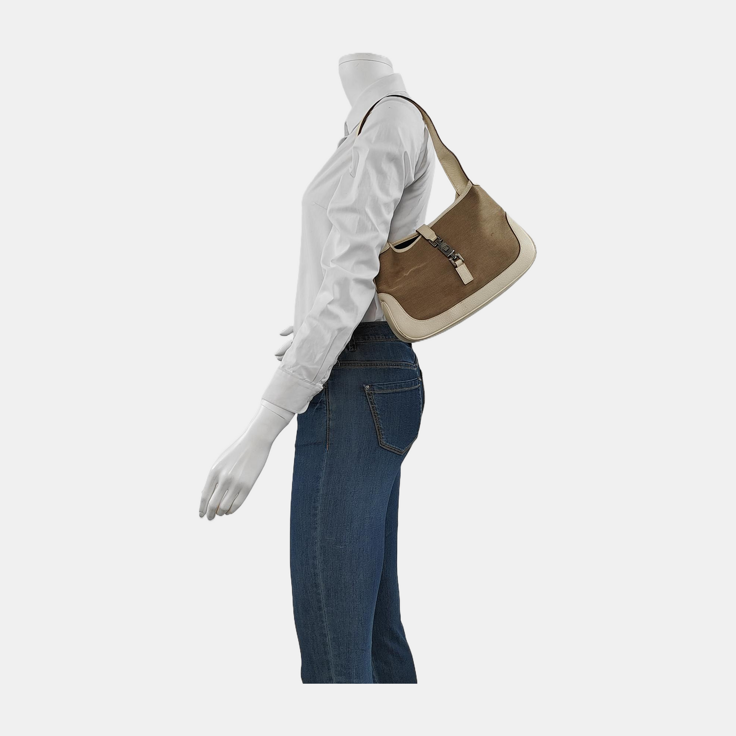 GUCCI Jackie 1961 Khaki Canvas Buckle Single Shoulder Handbag Crossbody Tote Silver Hardware-(SKU)-945694459