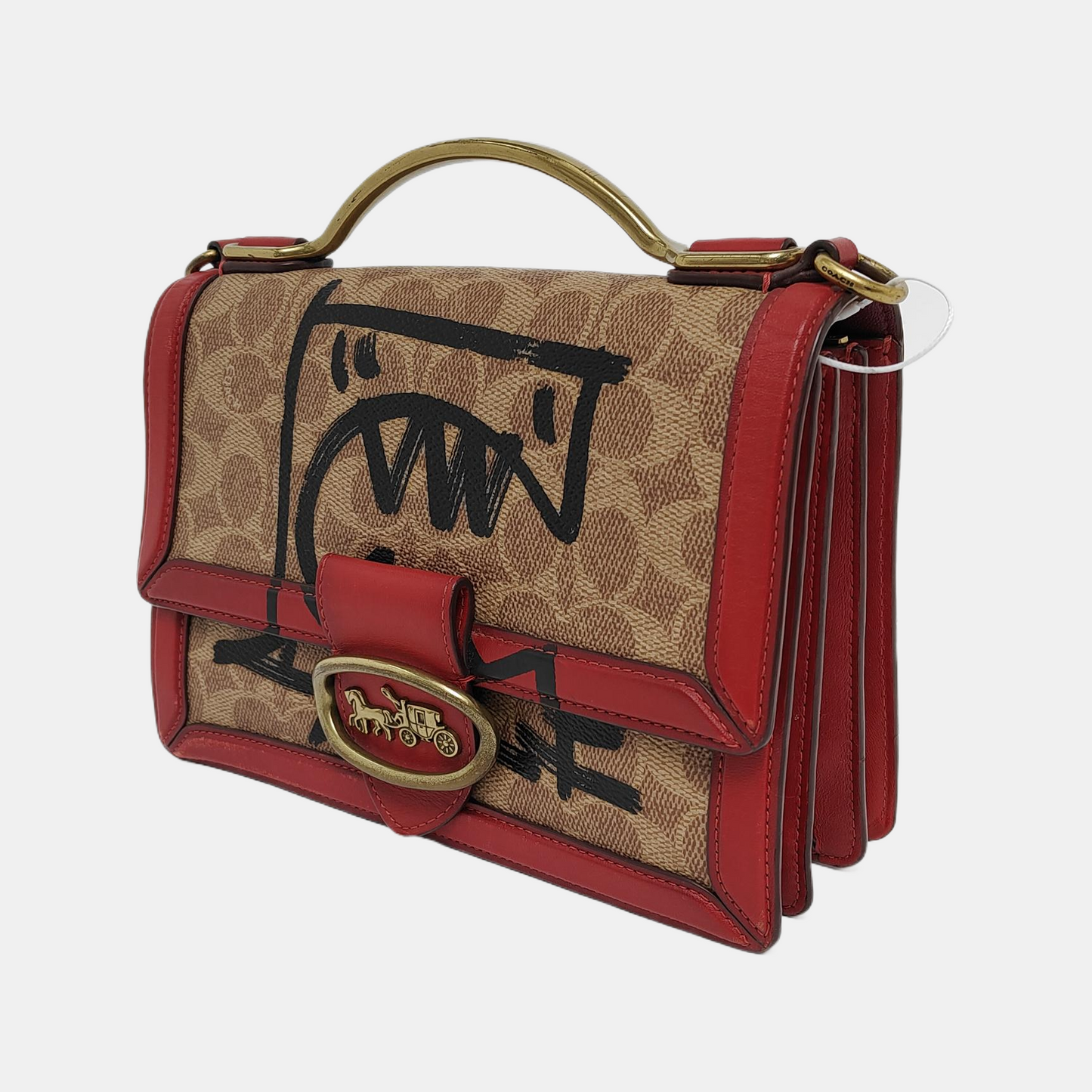 COACH Brown Coated Canvas Monogram Printed Crossbody Shoulder Tote Bag Single Shoulder Tote Bag Golden hardware Removable shoulder strap-(SKU)-940146721