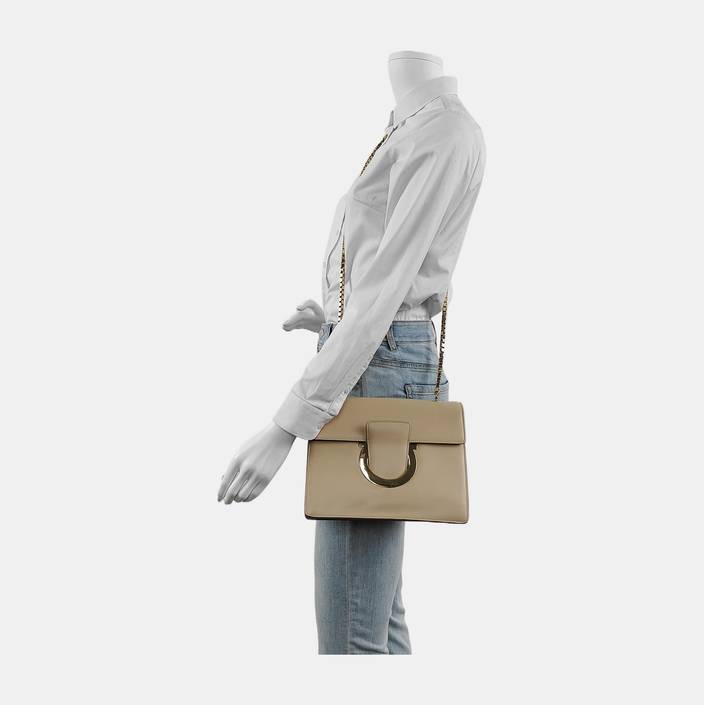FERRAGAMO Thalia Khaki Calf Leather Crossbody Shoulder Bag Golden hardware Removable shoulder strap-(SKU)-943501059