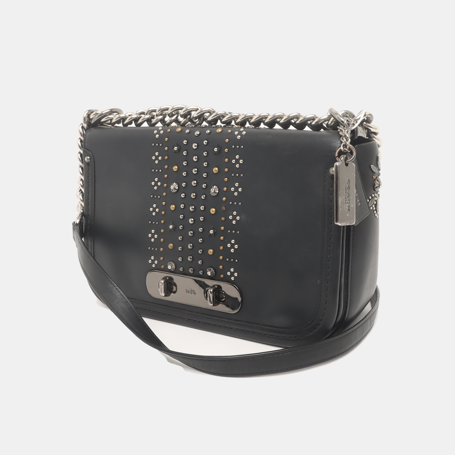 COACH SWAGGER Black Leather Studs Inlay Crossbody Bag Single Shoulder Bag Golden silver ruthenium color hardware-(SKU)-939036502