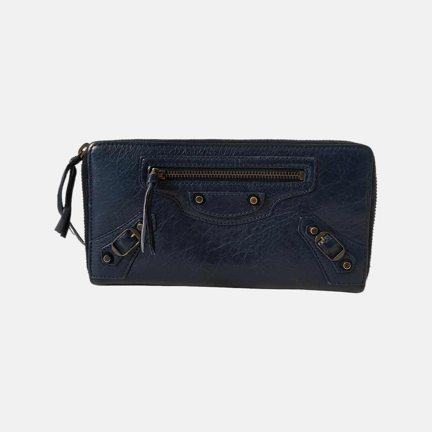 BALENCIAGA Classic City Dark blue cowhide studded biker bag wallet Golden hardware-(SKU)-942566519