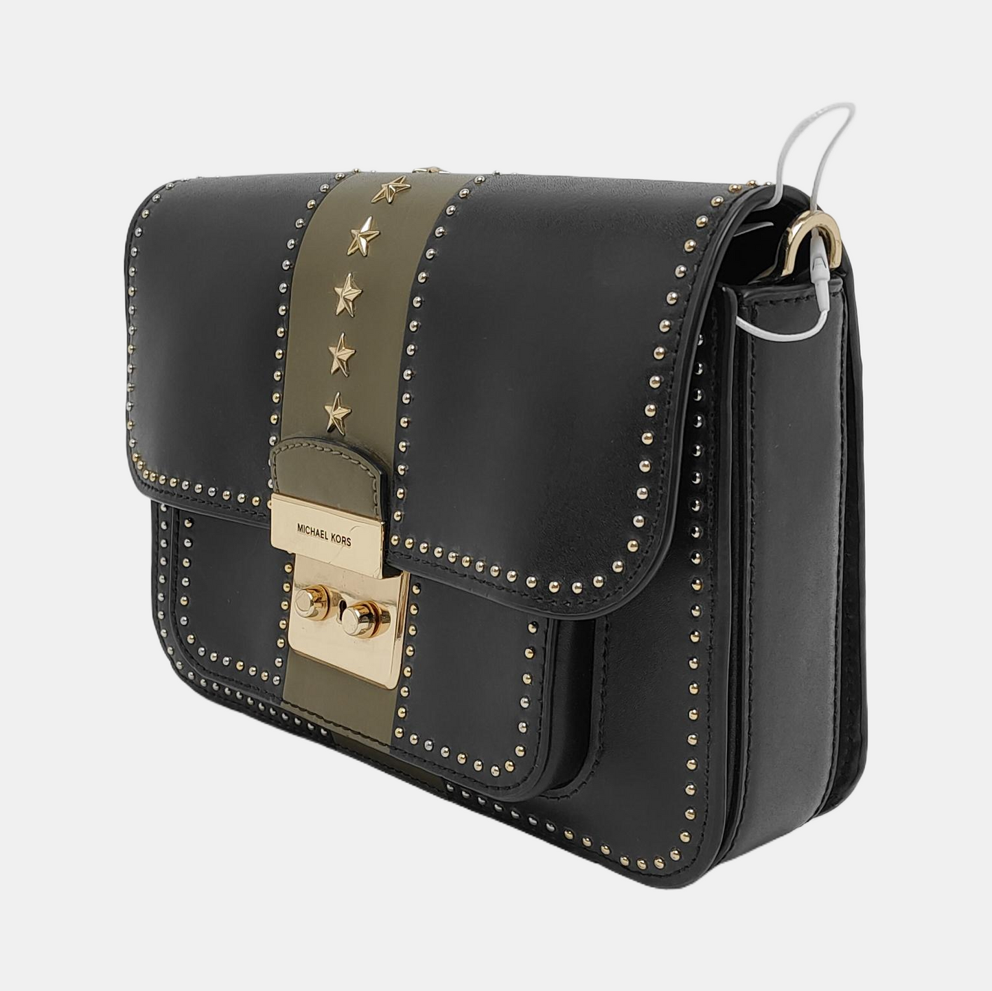 MICHAEL KORS Sloan Editor Medium size Black Leather Studs Single Shoulder Bag Golden hardware Removable shoulder strap-(SKU)-940342508