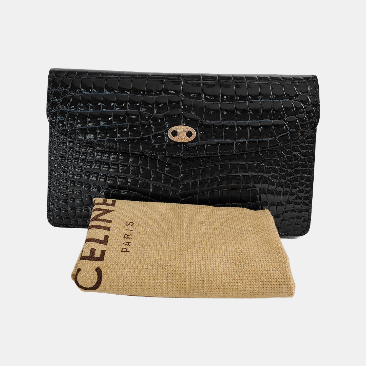 CELINE Black cowhide Arc de Triomphe crocodile-pattern clutch Golden hardware-(SKU)-941957231