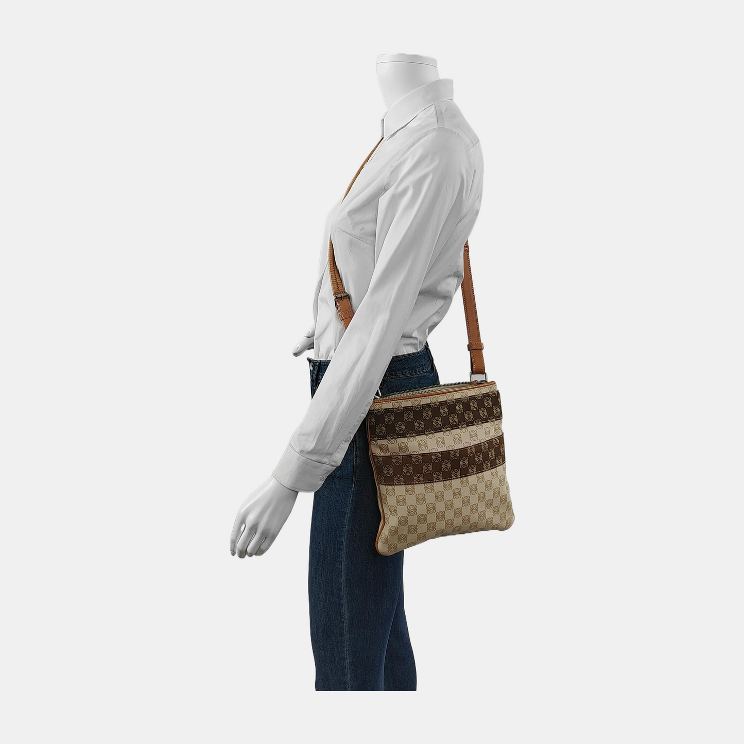 LOEWE Khaki canvas old flower floral single shoulder bag crossbody bag Silver Hardware Removable shoulder strap-(SKU)-944298233