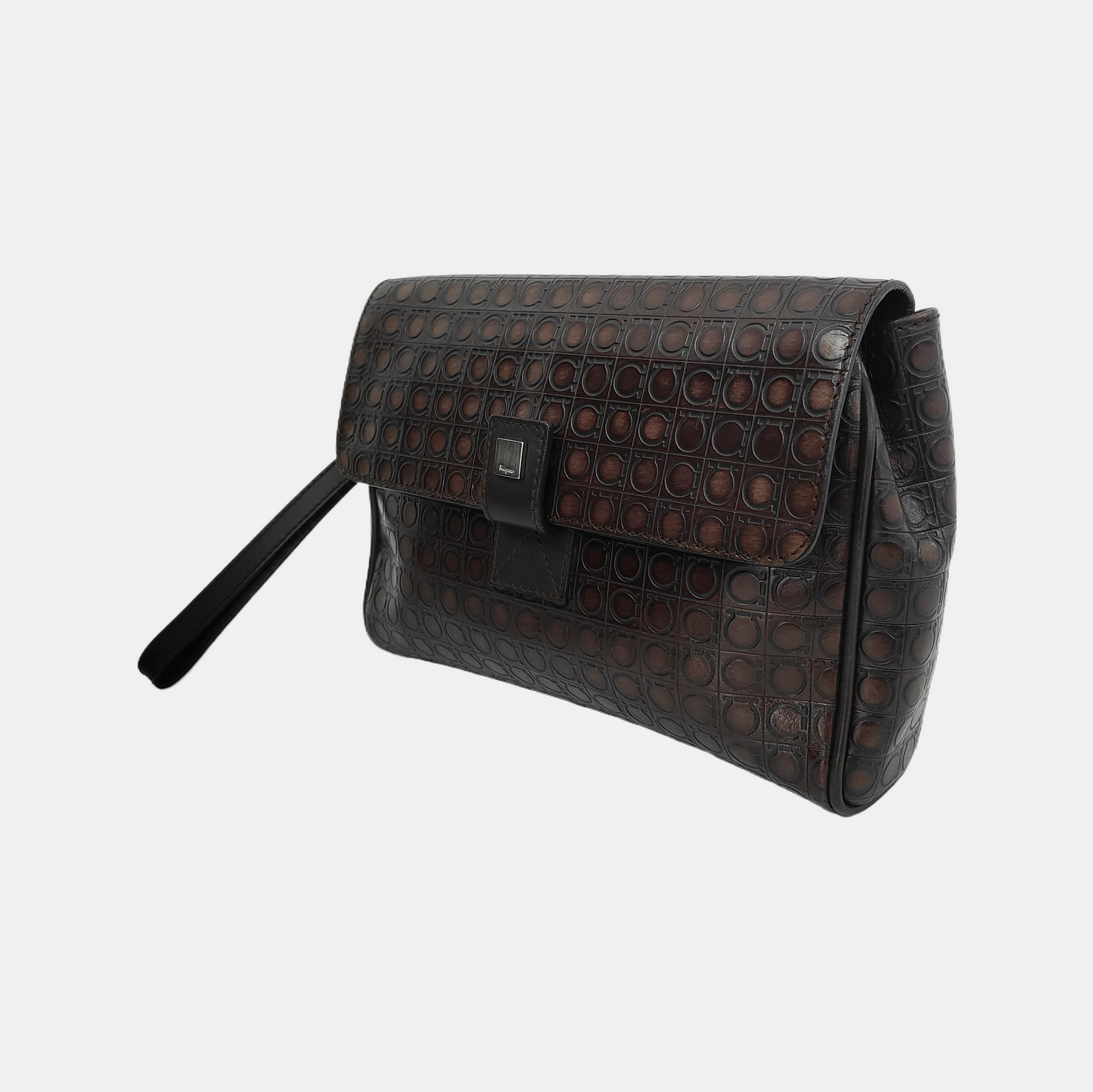 FERRAGAMO Chocolate Brown Leather Embossed Clutch Silver Hardware-(SKU)-942092439
