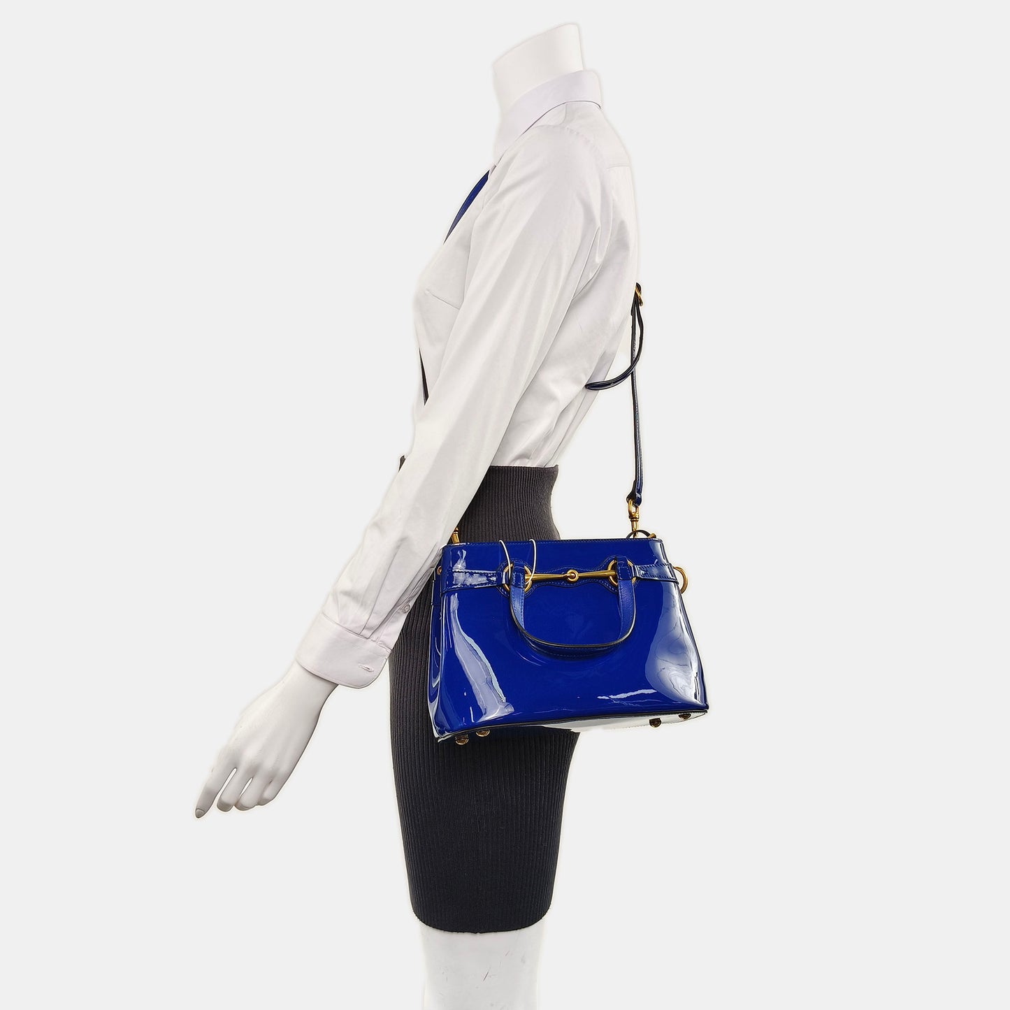 GUCCI Bright Bit Navy Blue Patent Leather Buckle Shoulder Bag Tote Crossbody Golden hardware Removable shoulder strap-(SKU)-939934256