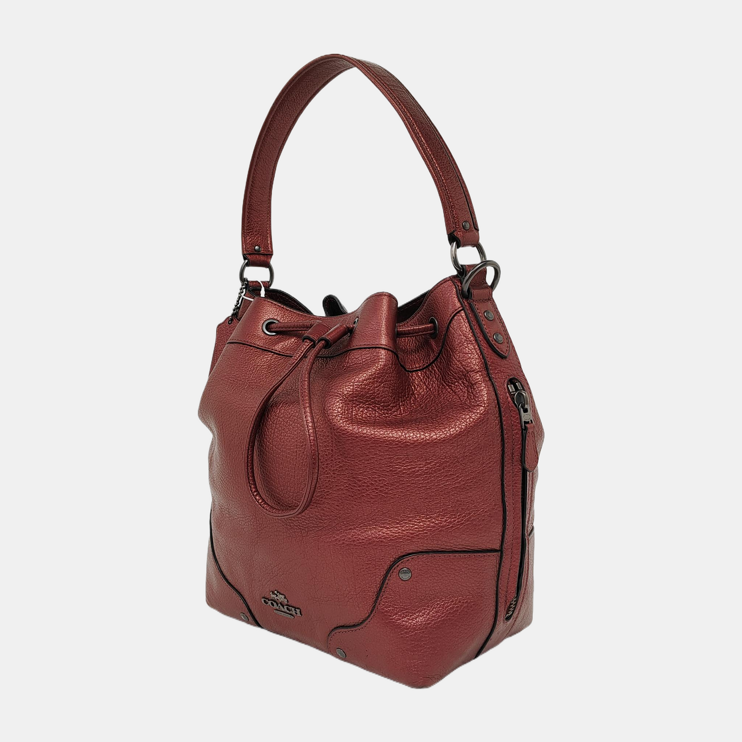 COACH Bucket bag Burgundy Cowhide Studs Carriage Single Shoulder Bag Sling Bag Handbag Black hardware-(SKU)-943932153