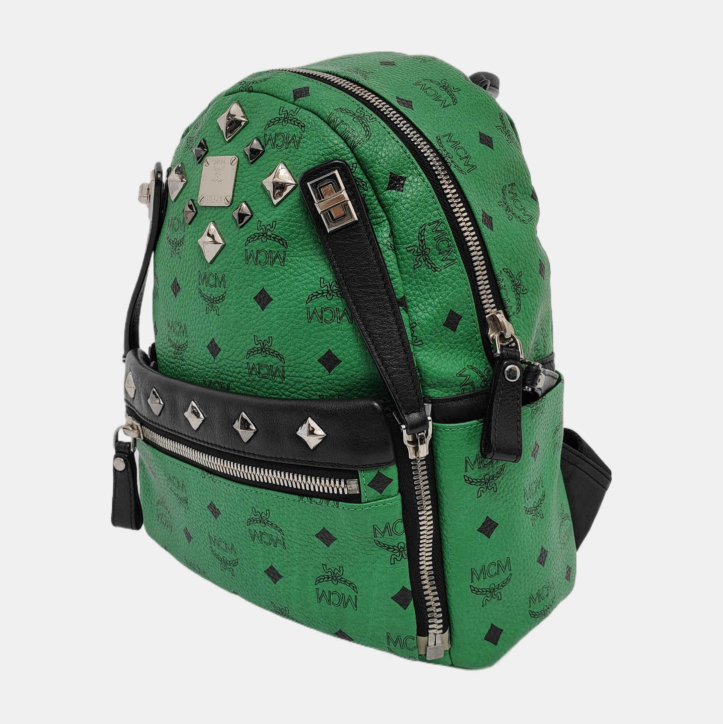 MCM STARK Small size Green Coated Canvas Monogram Studs Backpack Handbag Silver Hardware Sub-bag-(SKU)-940018584