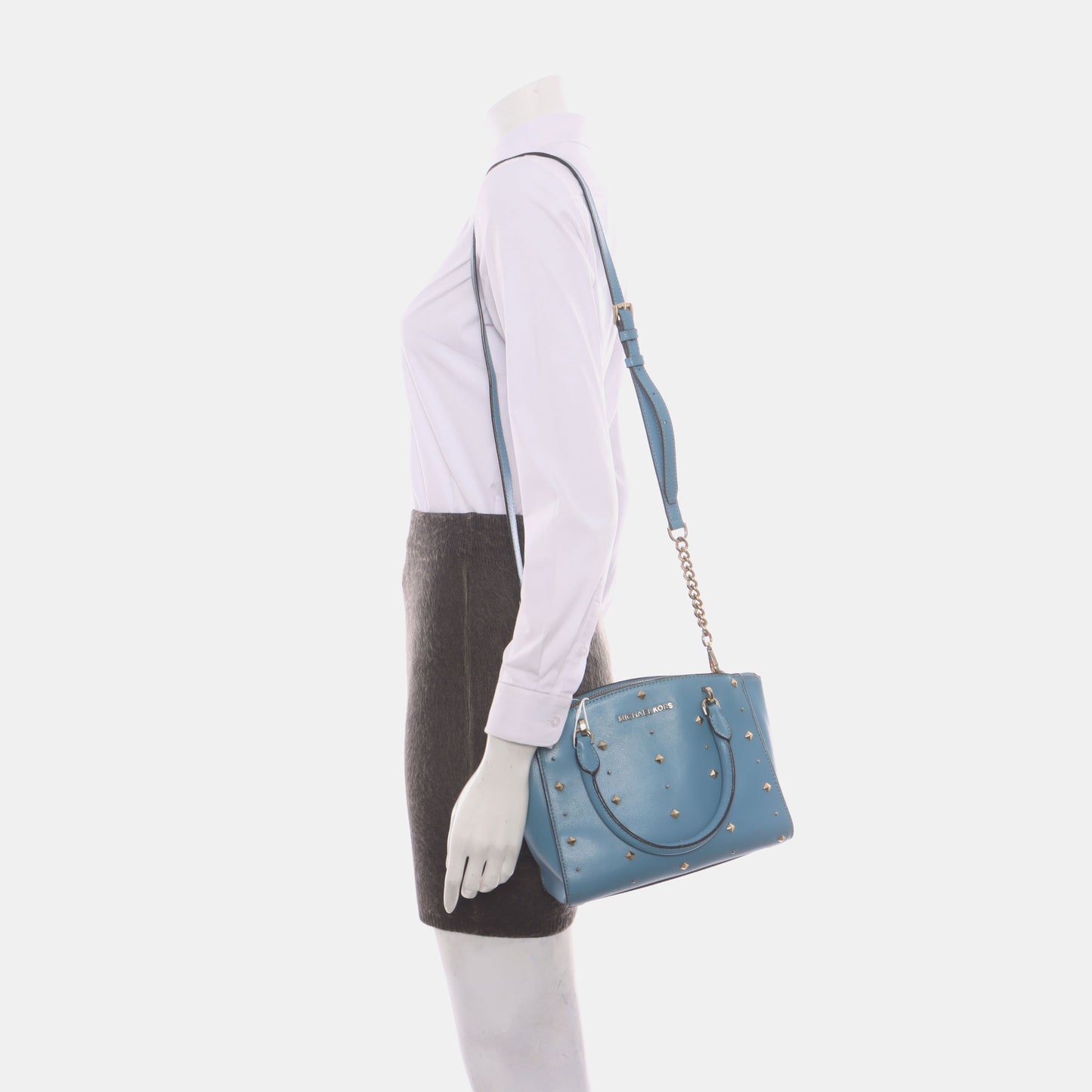 MICHAEL KORS Tote bag Small size Blue Cowhide Studs Single Shoulder Bag Tote Bag Crossbody Bag Golden hardware Removable shoulder strap-(SKU)-929655506