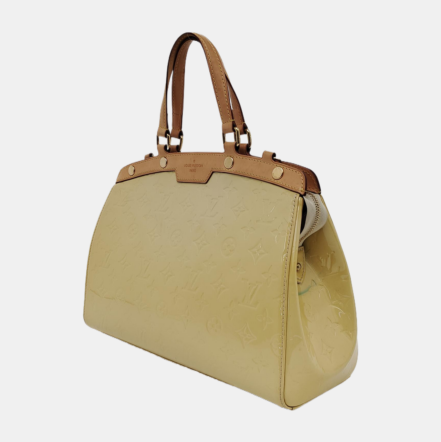 LOUIS VUITTON BREA Light Yellow Patent Leather Monogrammed Doctor Bag Handbag Golden hardware-(SKU)-943658683