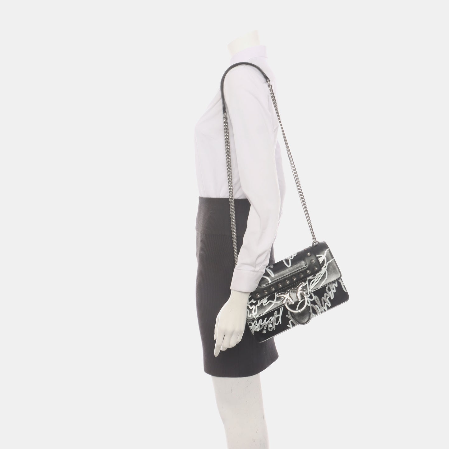 PINKO Mini Love Black Leather Stud Printed Crossbody Single Shoulder Bag Silver Hardware-(SKU)-936420003
