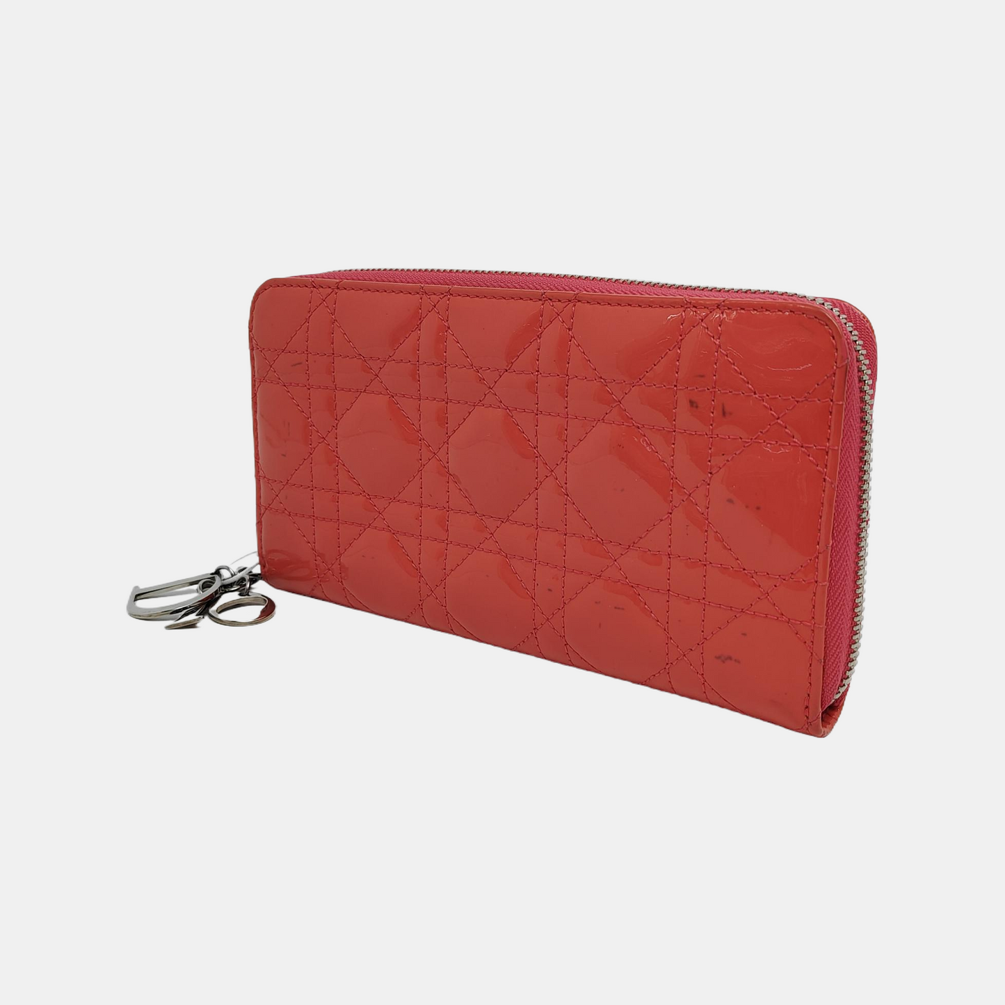 DIOR Lady Dior Red patent leather wicker pattern quilted wallet Golden hardware-(SKU)-945065064