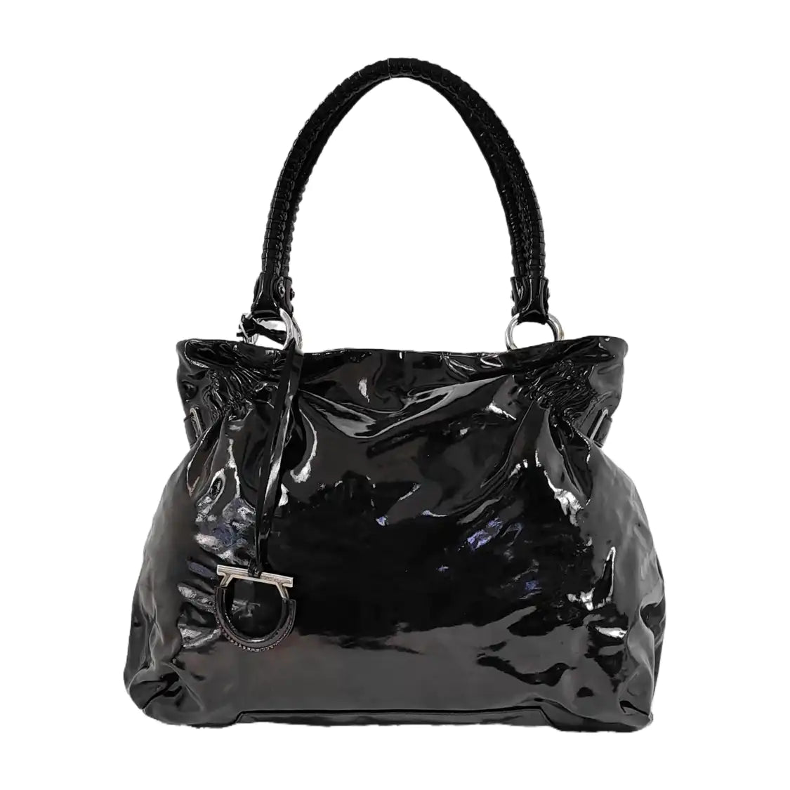 FERRAGAMO Marissa Black Patent Leather Tote Bag Silver Hardware-(SKU)-944545023