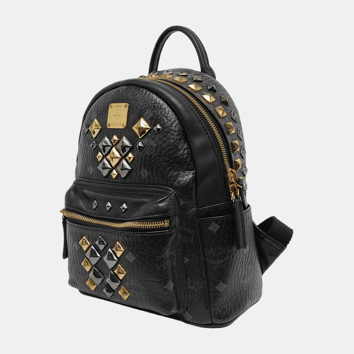 MCM STARK mini Black Coated Canvas Monogram Studs Backpack Golden hardware-(SKU)-940746737