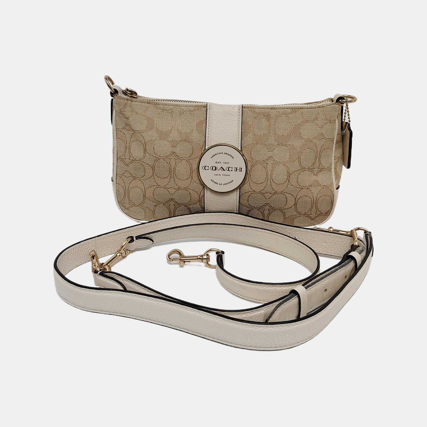 COACH Beige Canvas Monogrammed Crossbody Bag Shoulder Bag Golden hardware Removable shoulder strap-(SKU)-940143188