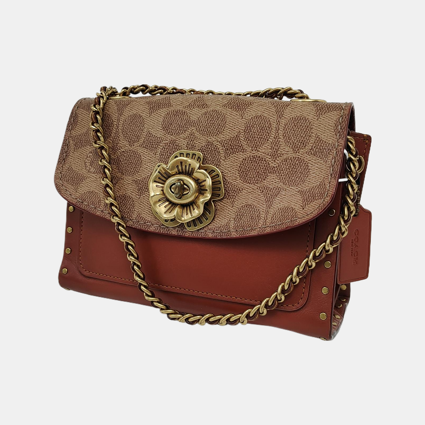 COACH PARKER 18 Brown Coated Canvas Monogrammed Studs Crossbody Shoulder Bag Golden hardware-(SKU)-944285676