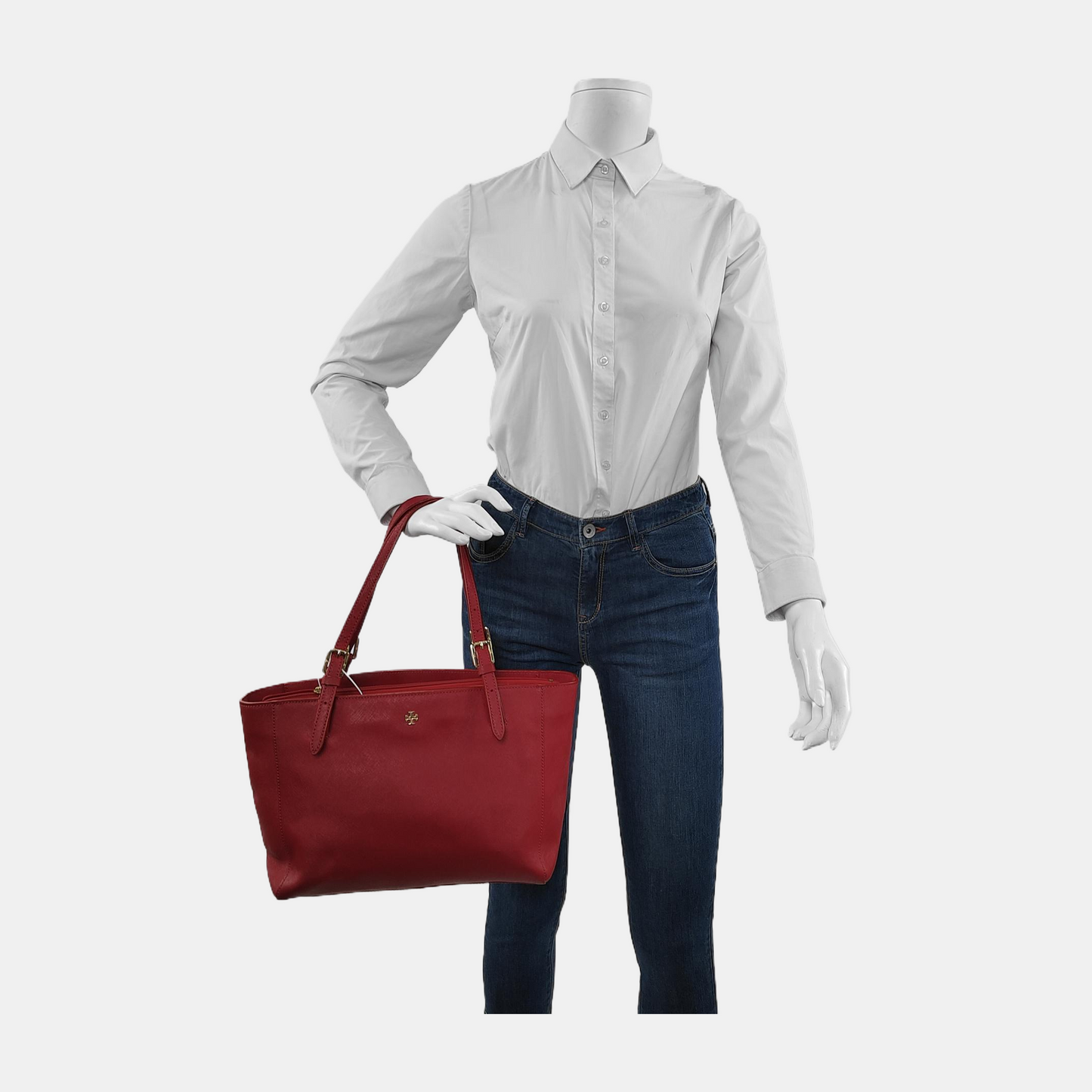 TORY BURCH York Red Leather Embossed Single Shoulder Bag Tote Bag Silver Hardware shoulder straps-(SKU)-944533691