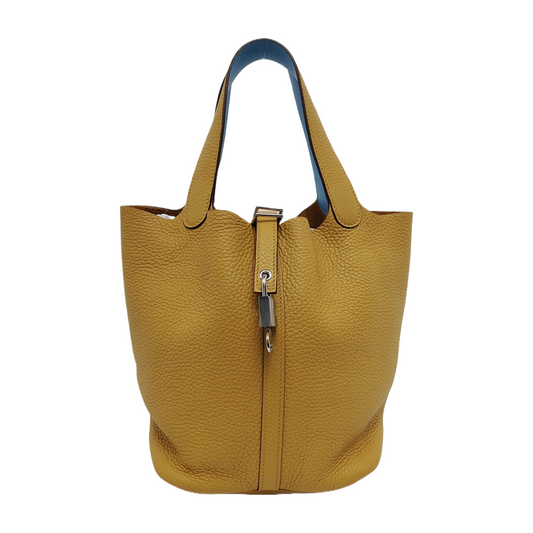 HERMÈS Picotin Lock 22 Yellow Clemence Calfskin Basket Handbag with Silver Hardware and C Stamp-(SKU)-946053978