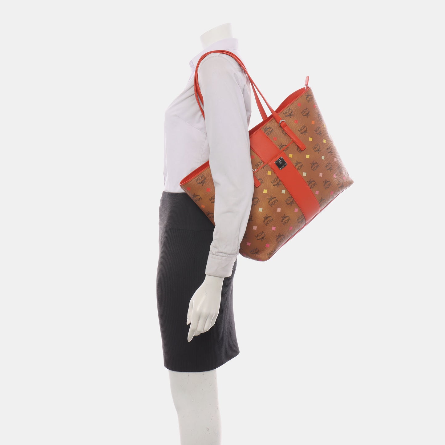 MCM ANYA Medium size Cognac Coated Canvas Monogrammed Single Shoulder Bag Tote Silver Hardware-(SKU)-936157211