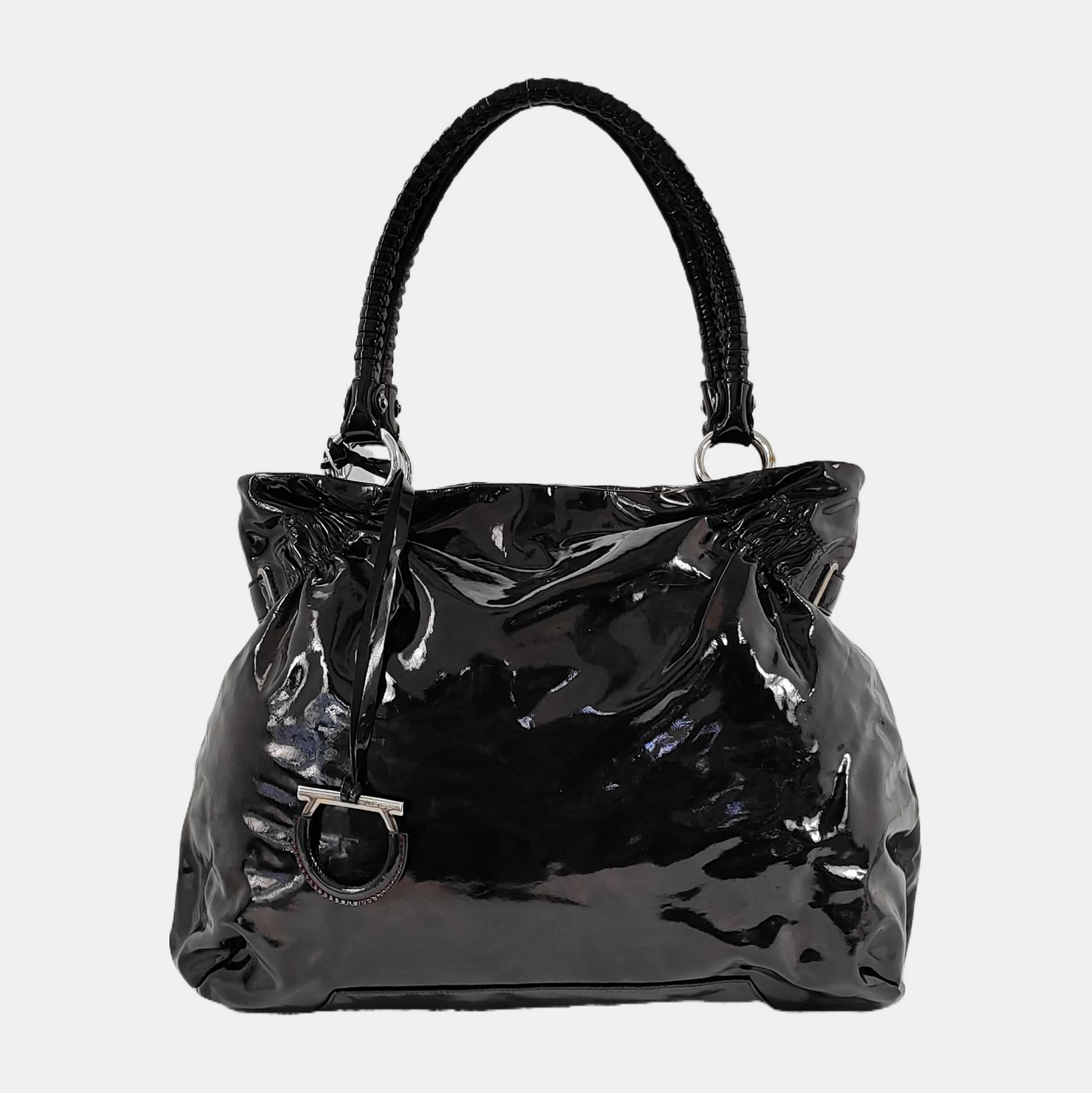 FERRAGAMO Marissa Black Patent Leather Tote Bag Silver Hardware-(SKU)-944545023